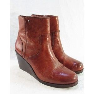 Frye Boots Women's Wedge Heel Ankle Boots Cognac Brown Leather Size 7 M